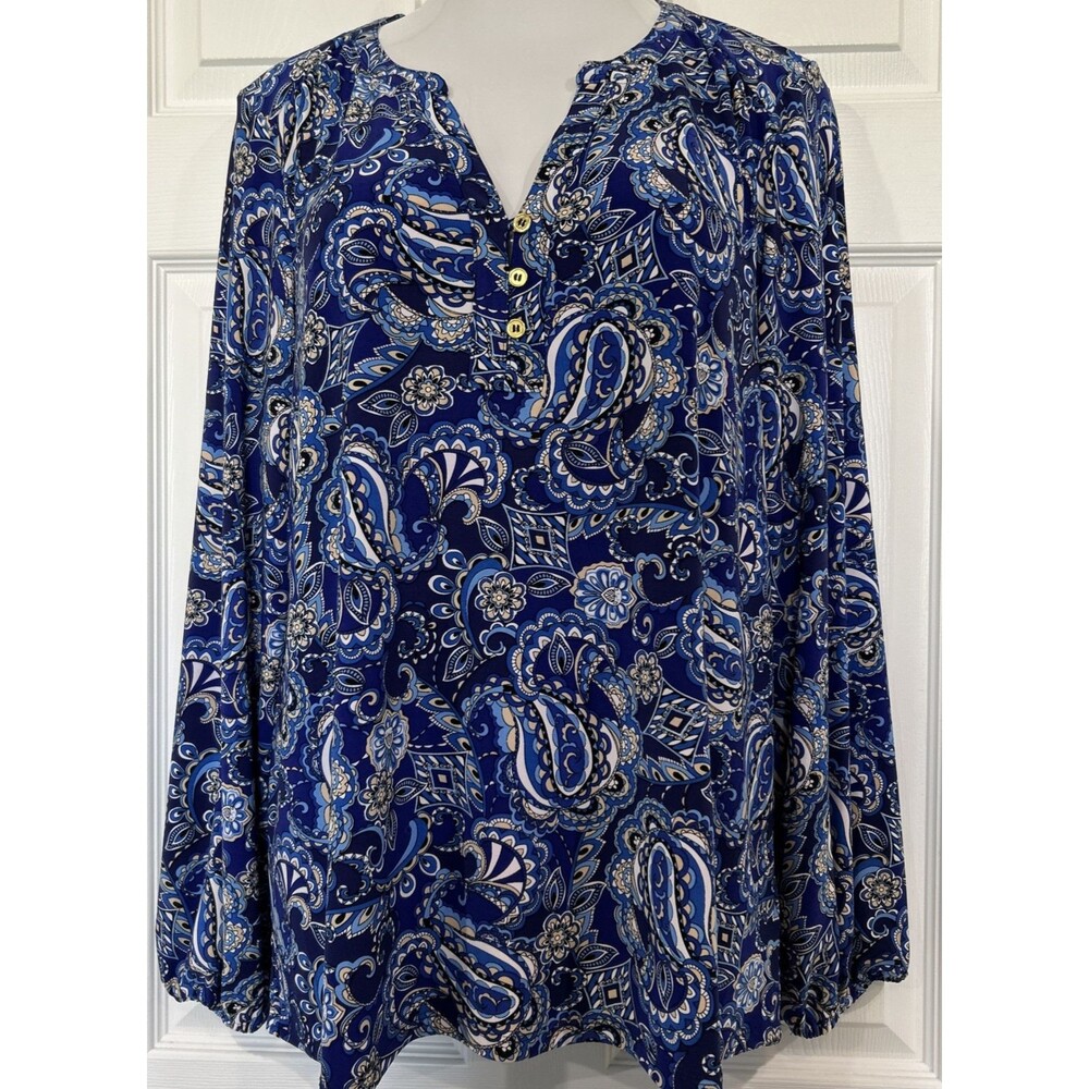 Pappagallo Women's XL Blue Blouse Tunic Floral Paisley Pattern Stretch Knit